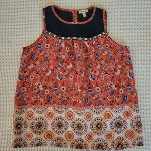 Monteau Girls Sleeveless Floral Blouse - Coral and Navy